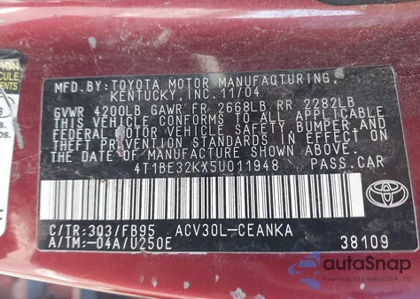 2005 Toyota Camry Le из США, поврежденный, VIN 4T1BE32KX5U011948